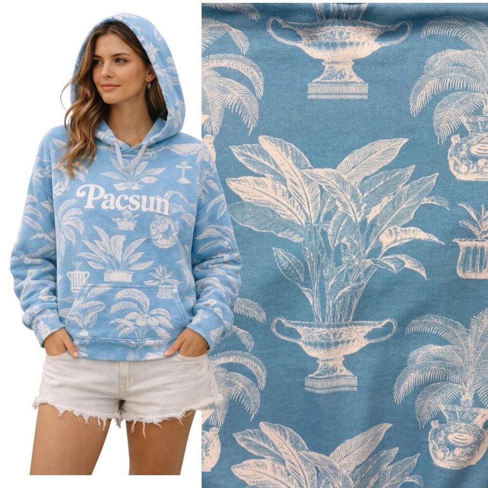 PacSun Graphic Hoodie Palm Trees Coastal Logo Blue Womens S Beachy